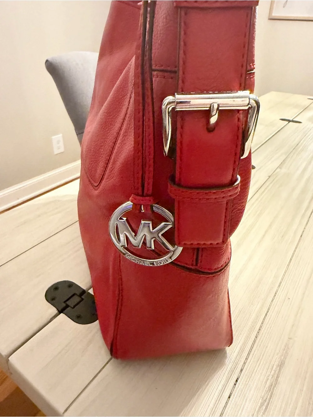 Michael Kors Red Genuine Leather Hobo Shoulder Bag MK Charm Silver Hardware